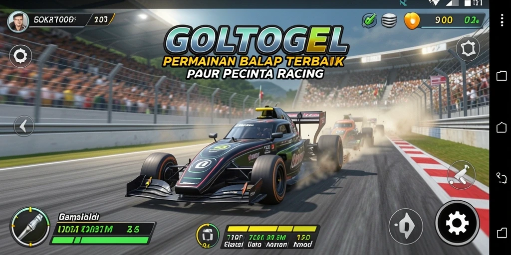 Tampilan utama gameplay GOLTOGEL yang menampilkan mobil balap di trek yang dinamis.