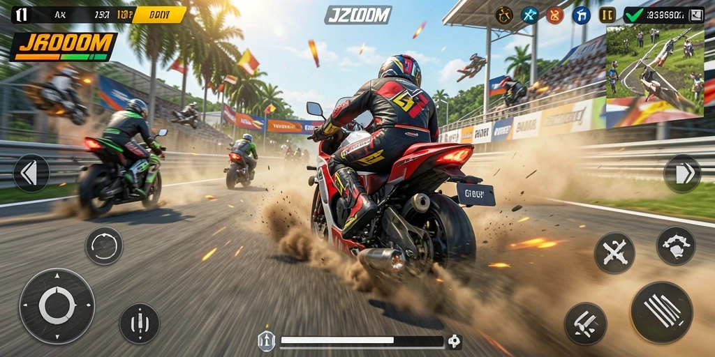 Gameplay J200M menampilkan balapan motor yang menegangkan dan grafis memukau.