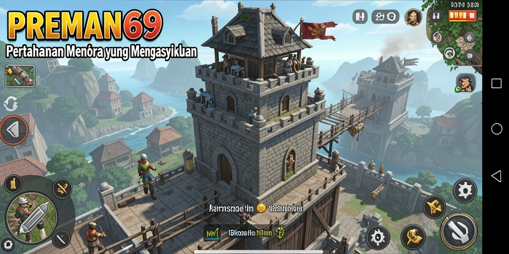 Screenshot permainan PREMAN69 menunjukkan serangan musuh dan menara pertahanan yang aktif.