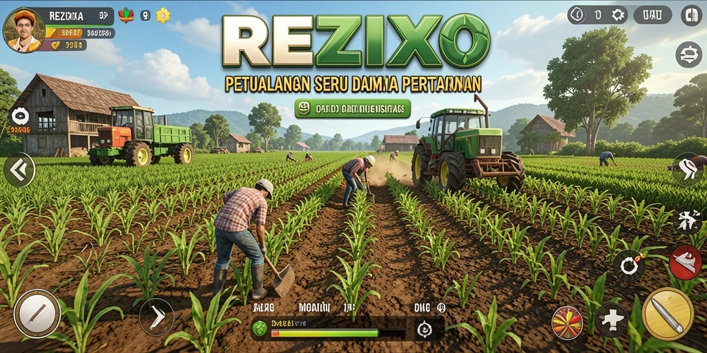 Screenshot gameplay REZIXO menampilkan ladang subur yang penuh tanaman.