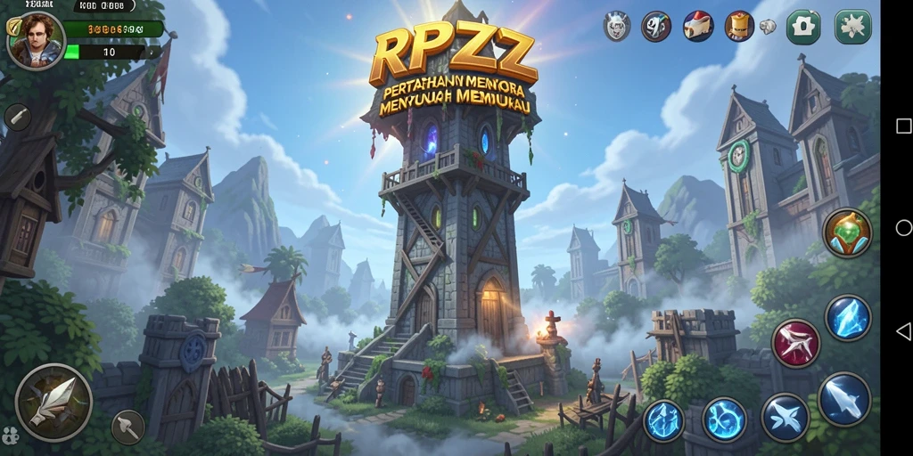 Tampilan gameplay Tower Defense RPZZZ dengan menara dan musuh yang menarik.
