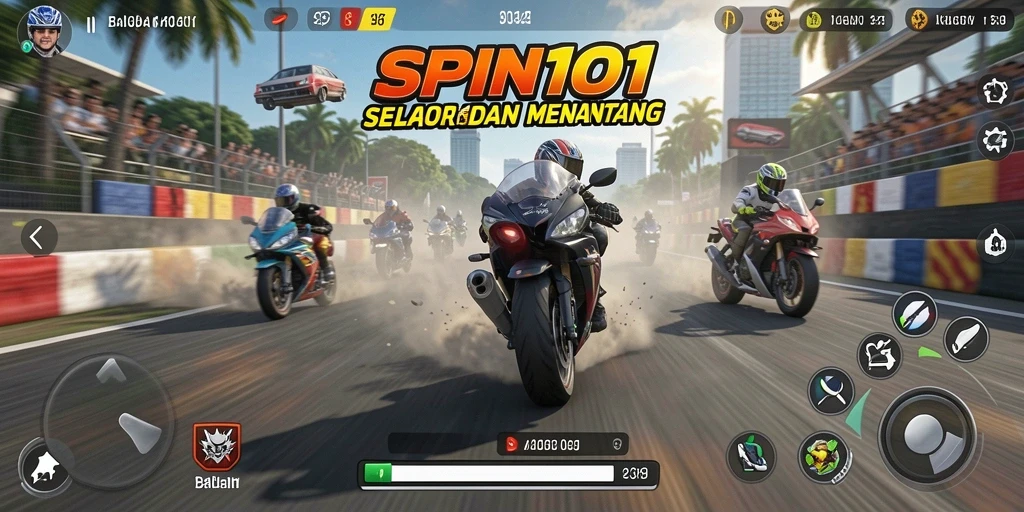 Screenshot gameplay SPIN101 menampilkan balapan motor yang seru.